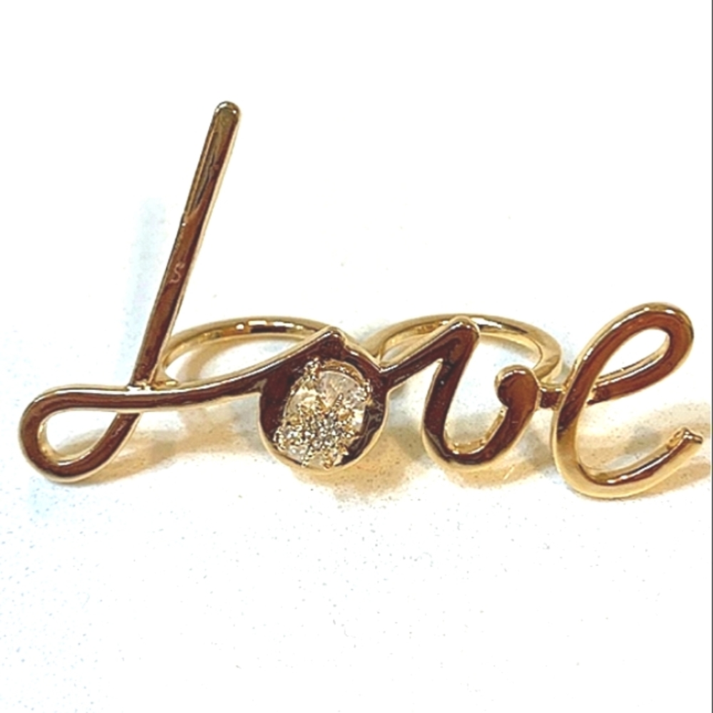 New! Blue by BETSEY JOHNSON 2 Finger Gold Plated LOVE Script Ring.